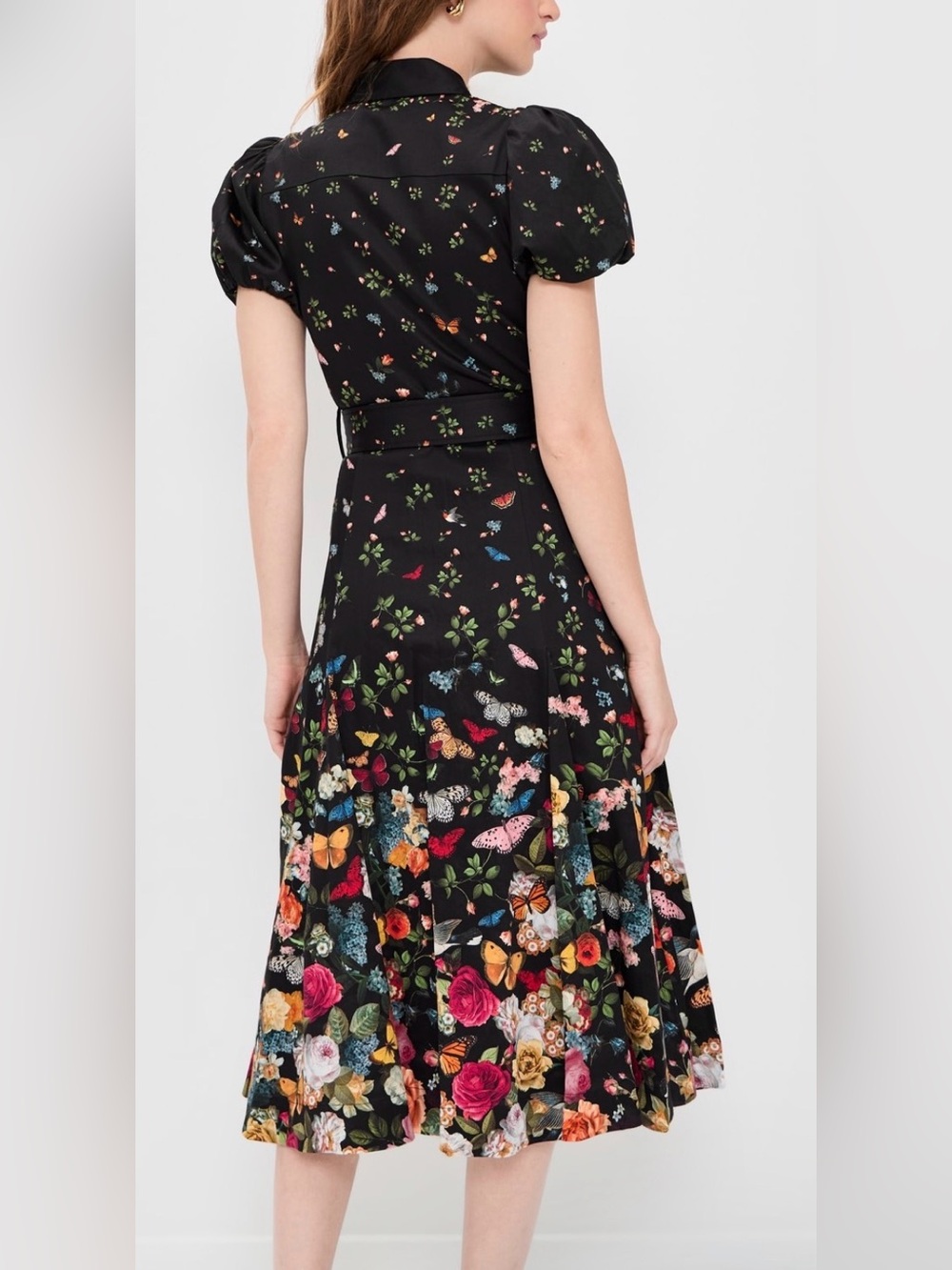 Alice + Olivia Black Floral & Butterfly Midi Dress with Puff Sleeves - Picture 3 of 8